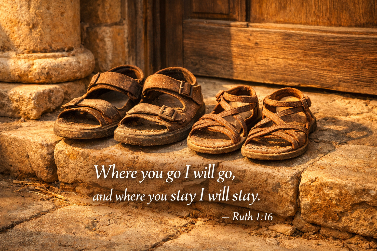 Bible verse wallpaper Ruth 1:16 with two pairs of worn leather sandals at an ancient stone doorstep